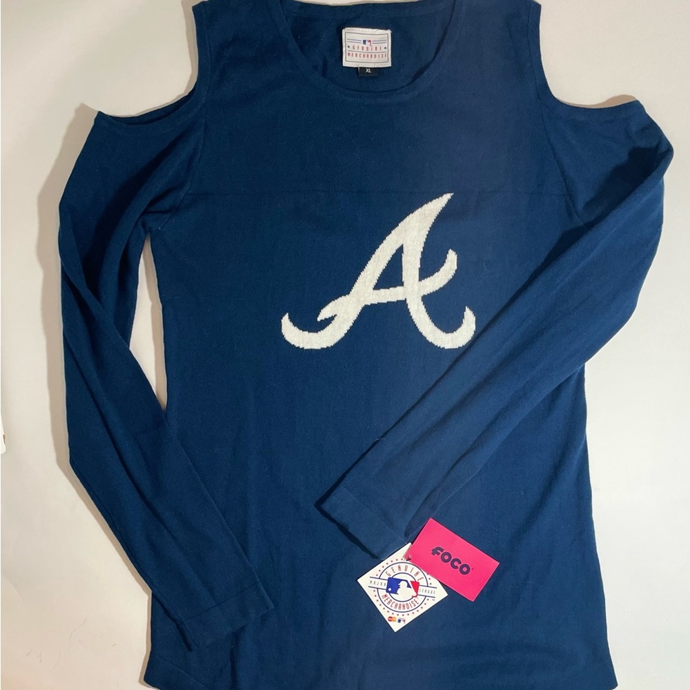 Genuine Merchandise Women's Atlanta Braves Navy Logo Cold Shoulder Sweater